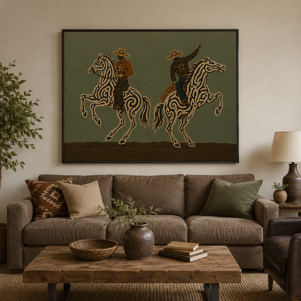 Two Cowboys Horse Painting, Olive Green Western Riders, Rustic Southwestern Equestrian Art