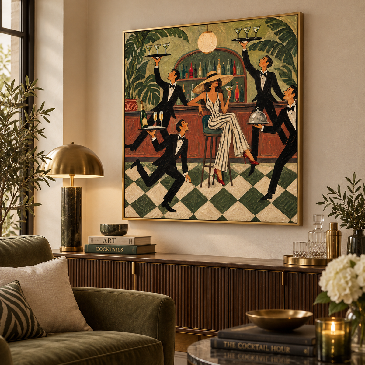 Vintage Cocktail Lounge Art With Lady And Waiters In Green Bar Scene Canvas Painting