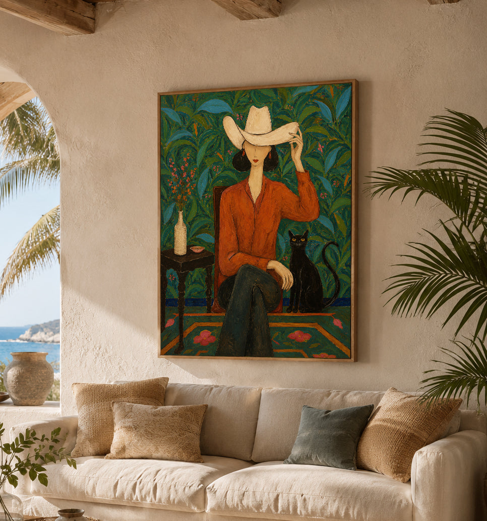 Stylish Woman And Black Cat Painting In Folk Art Style For Living Room Decor