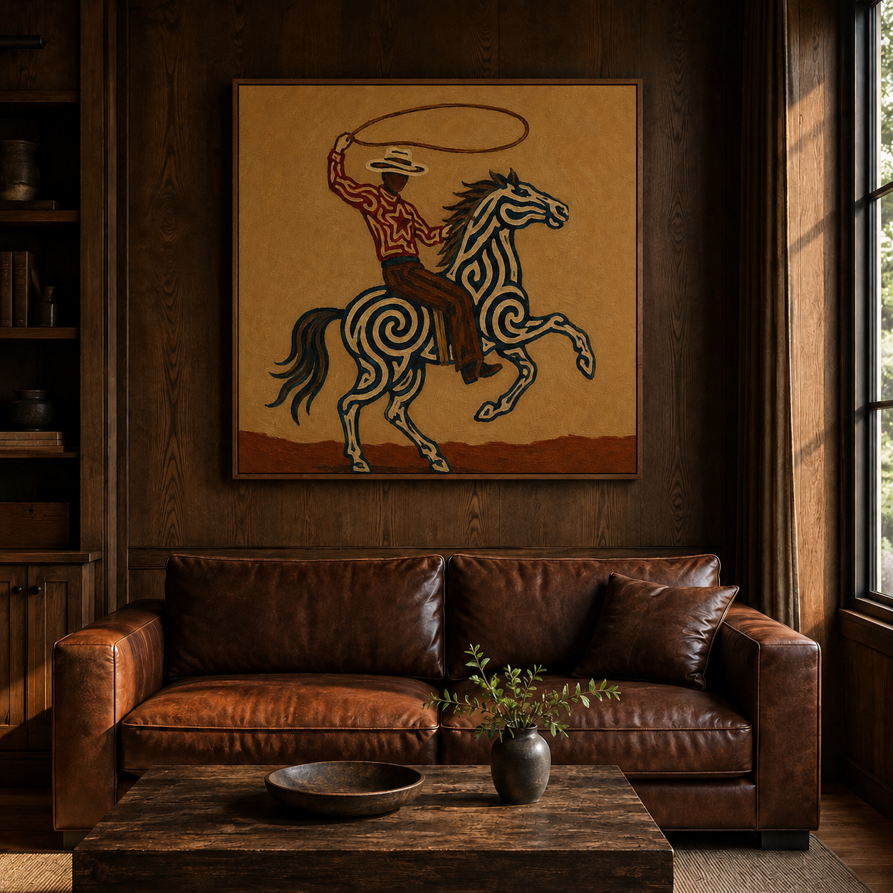 Cowboy Lasso Horse Art , Roping Horse Western Painting, Cowboy Throwing Lasso Wall Decor, Dynamic Rodeo Canvas Art