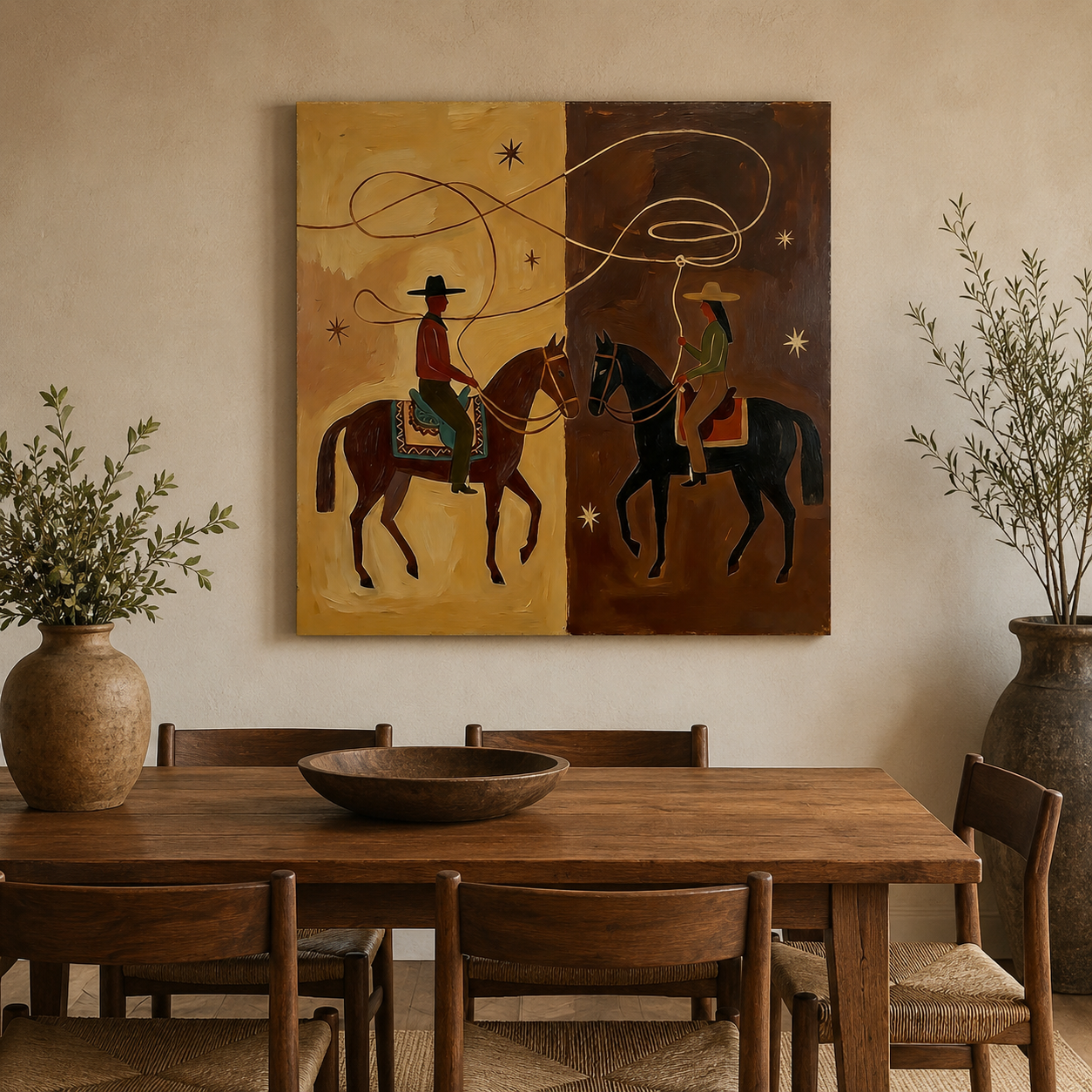Western Cowboy Horse Painting Earthy Tones Modern Wall Art For Living Room