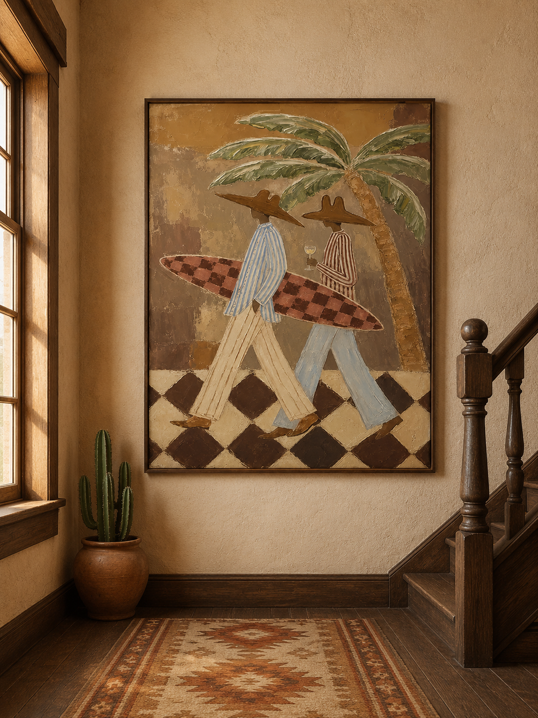 Figurative Summer Vacation Art With Checkered Surfboard And Tropical Palms