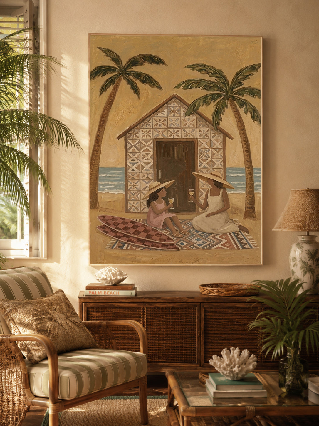 Bohemian Beach Art With Palm Trees And Mother Daughter Scene For Coastal Home Wall Decor