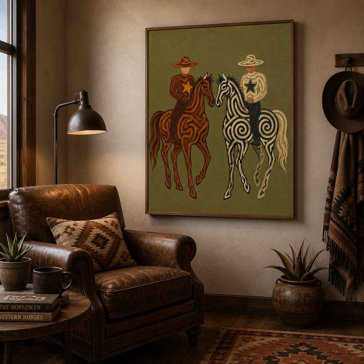 Hand-Painted Cowboy And Horse Canvas Art In Olive Green For Vintage Western Decor