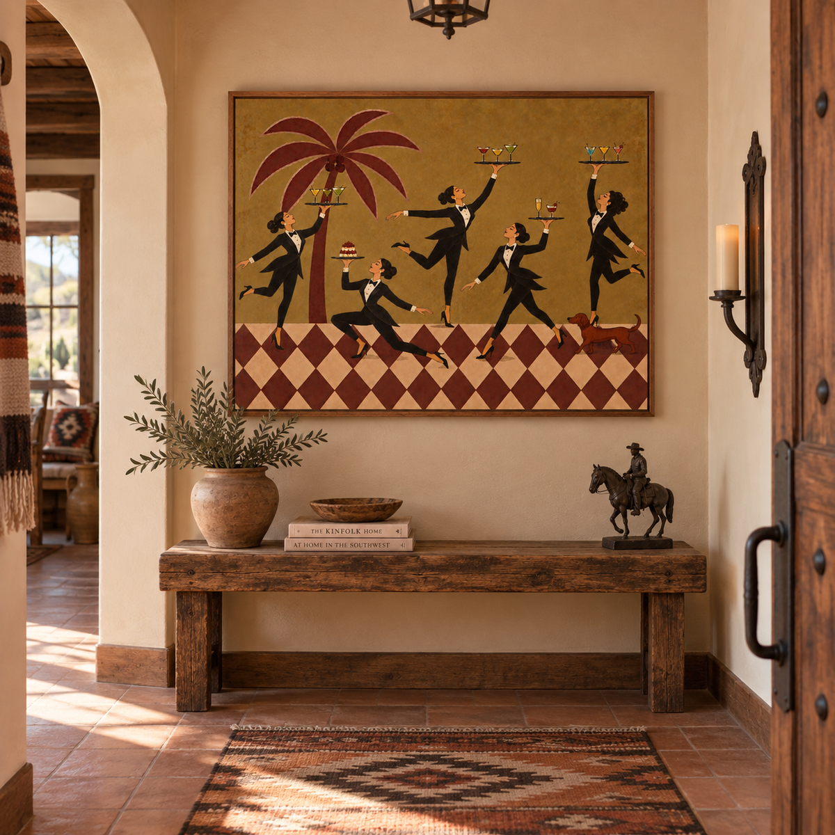 Vintage Women In Tuxedos Serving Cocktails Square Canvas Art With Red Palm Tree