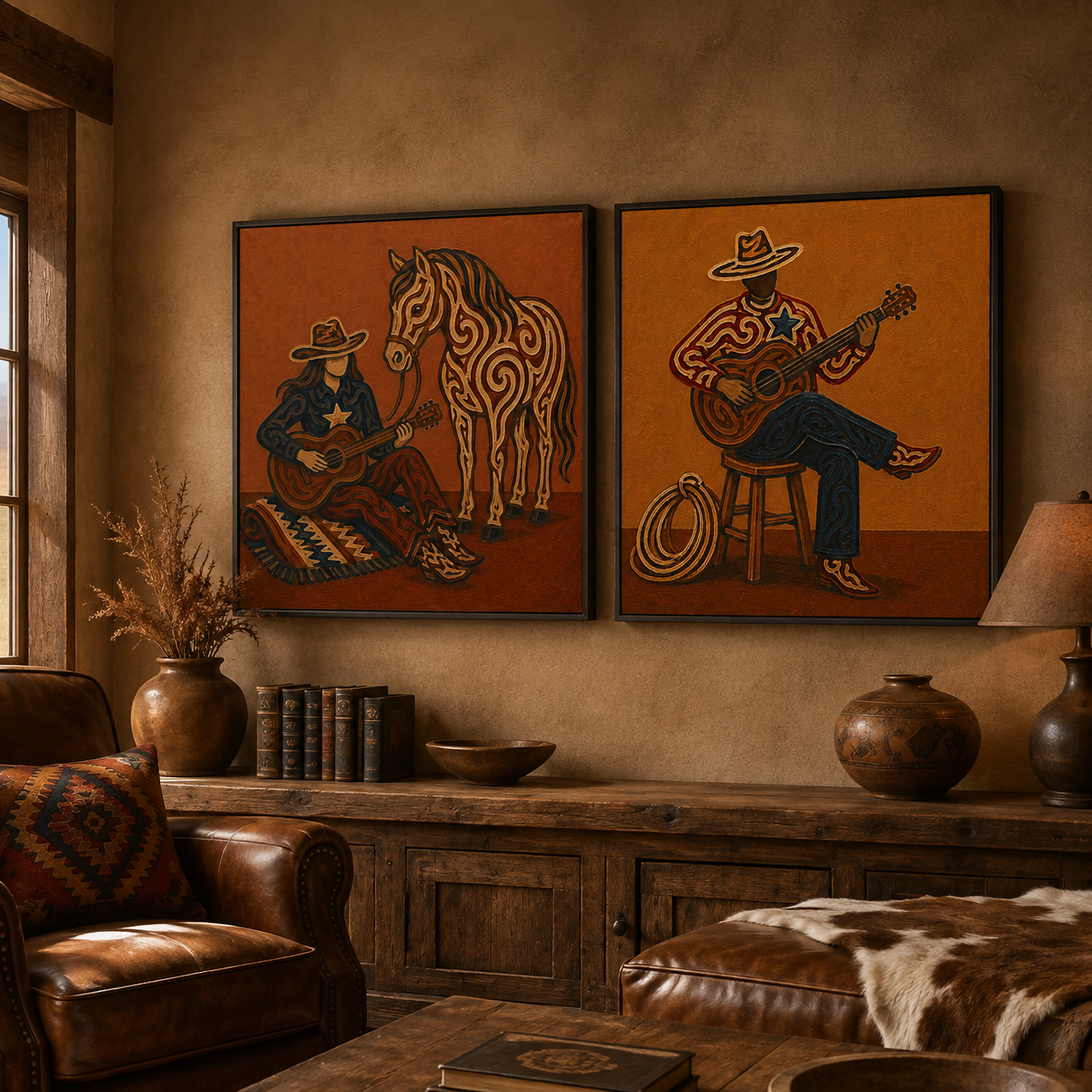 Western Diptych Wall Art Vintage Cowboy Couple Guitar Horse Wall Art Set For Living Room Decor