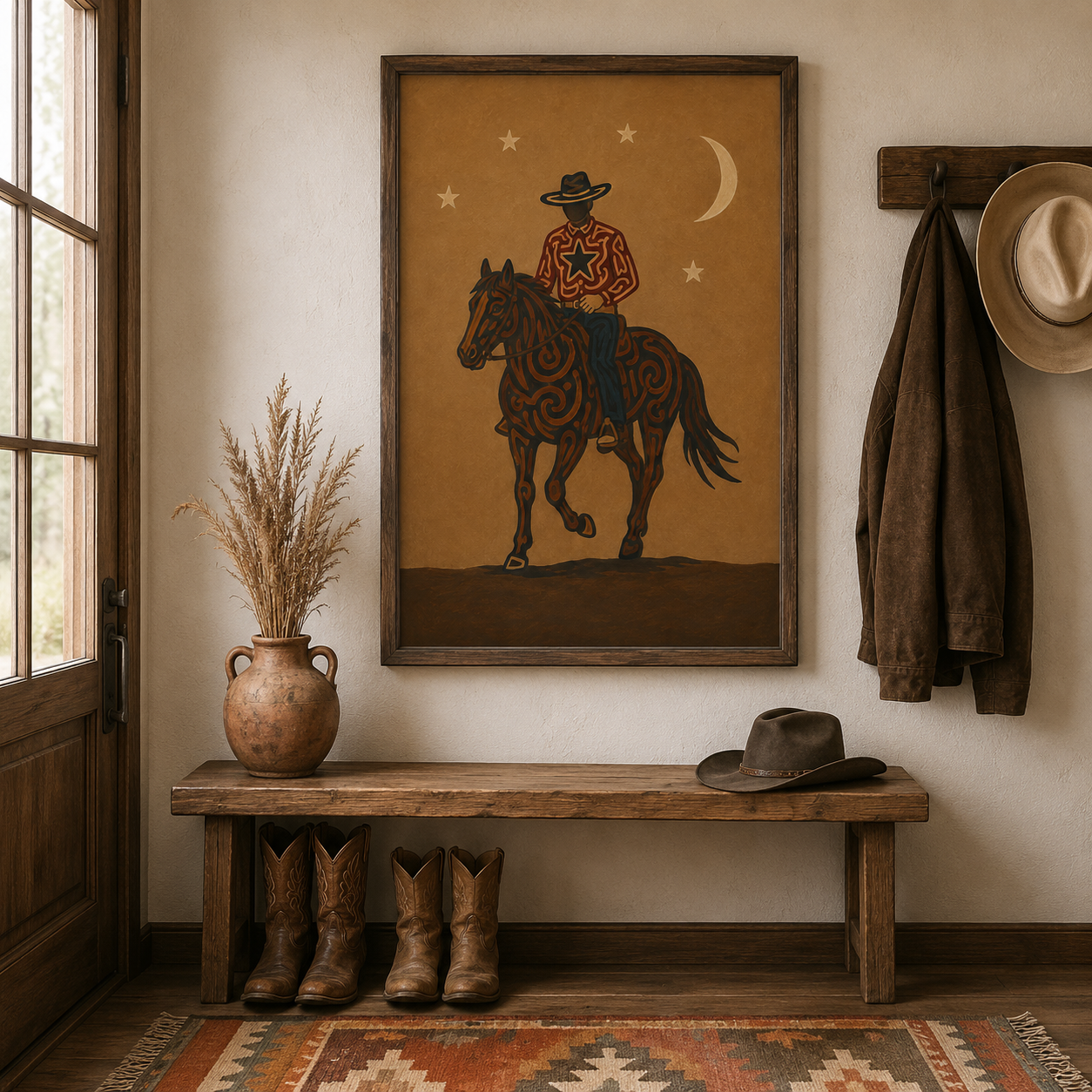 Moonlit Cowboy Horse Painting, Western Folk Wall Art, Southwestern Ranch Night Decor