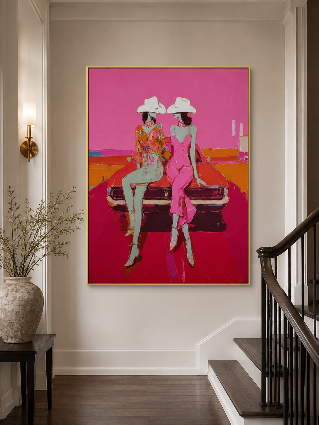 Vibrant Pop Art Painting Of Women In Cowboy Hats With Classic Car For Modern Living Room Wall Decor