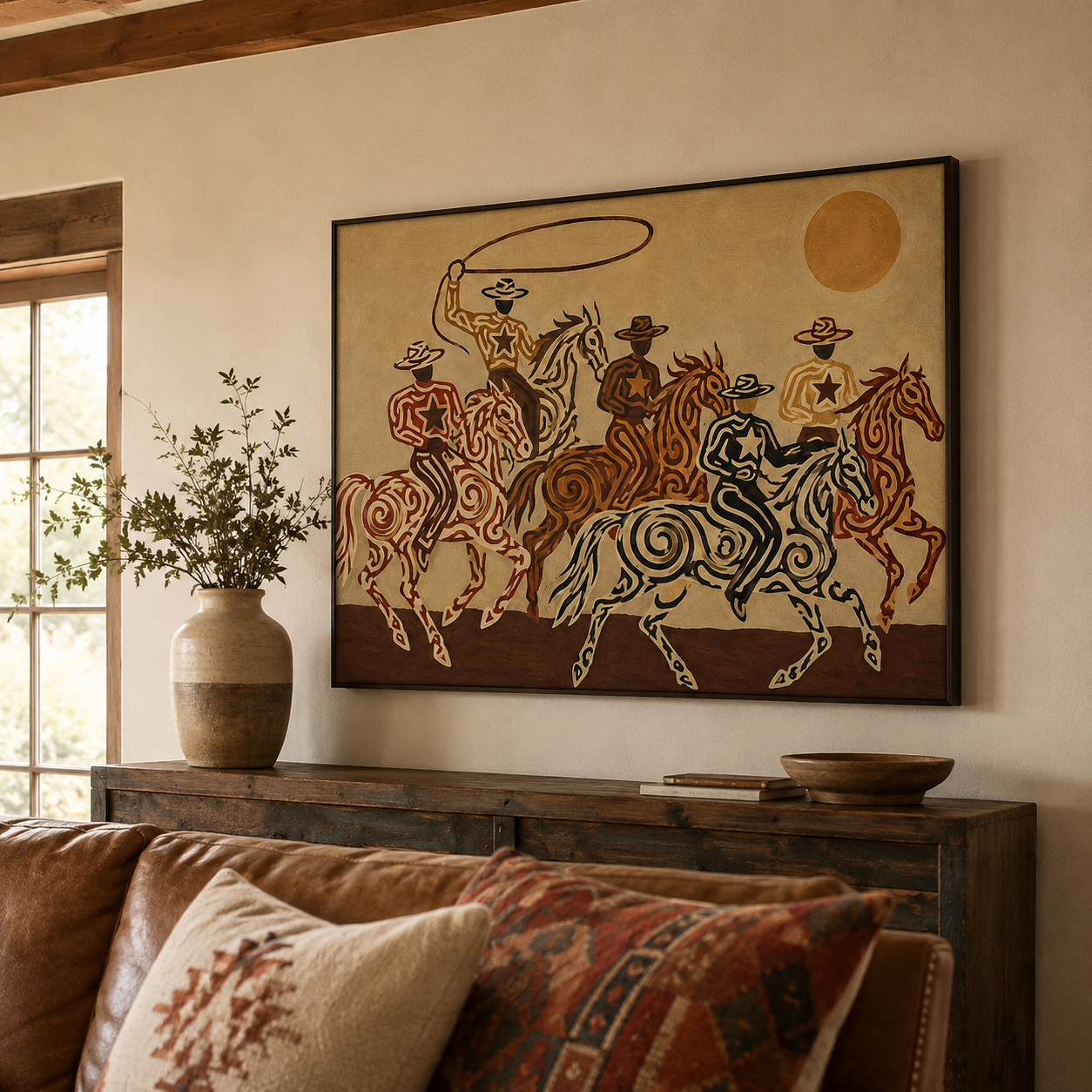 Cowboy And Horse Canvas Painting Hand-Painted Western Art In Brown Tones