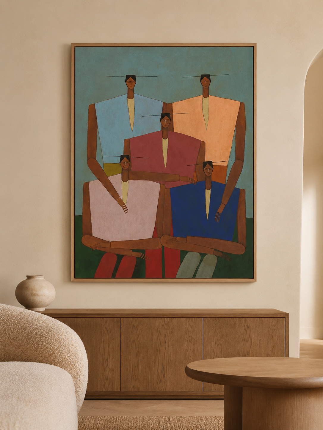 Mid-Century Modern Abstract Family Group Oil Painting - Colorful Figurative Wall Art