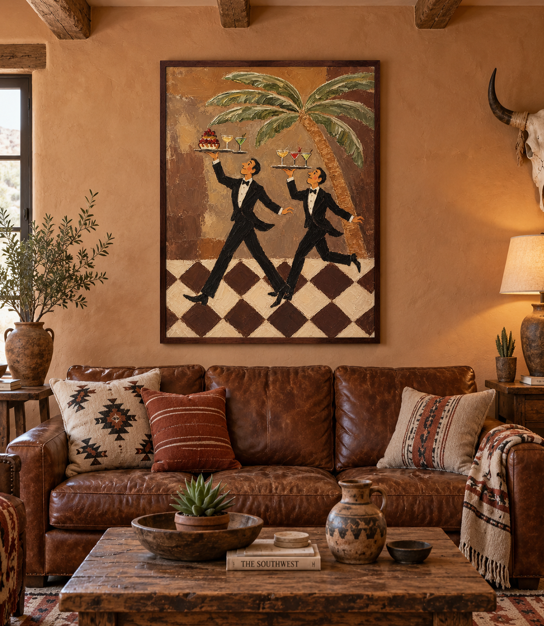 Tuxedo Waiter Canvas Art,Retro Bar Painting, Brown Checkered Floor Artwork