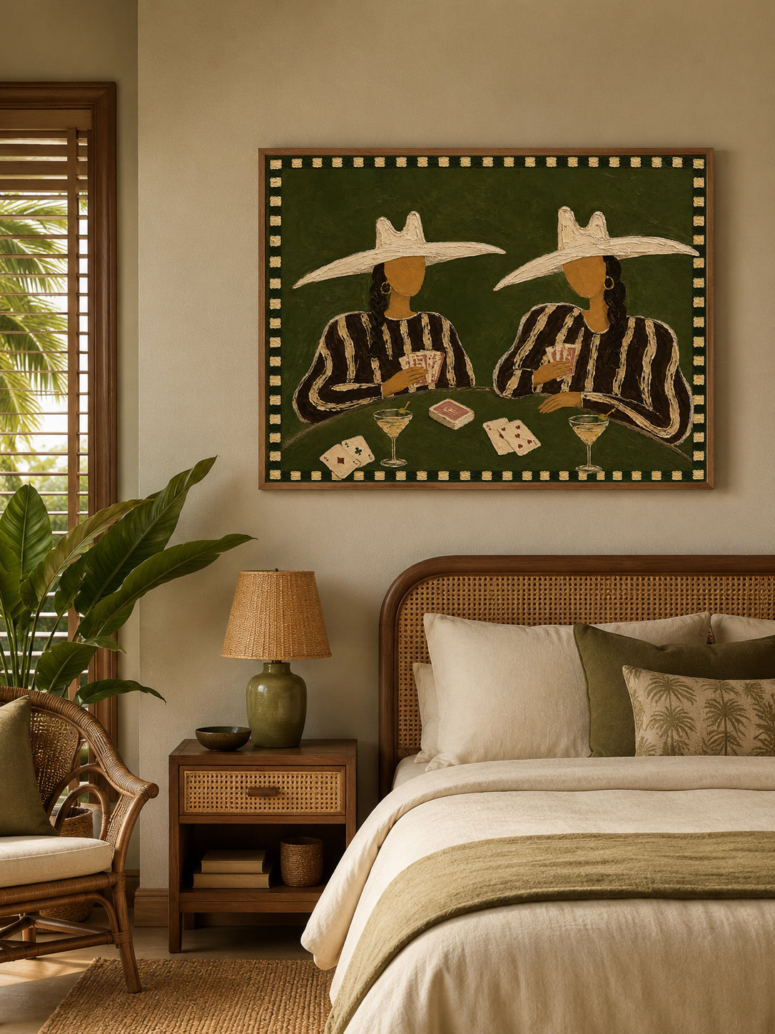 Cowgirl Poker Painting, Western Casino Wall Art With Cocktails, Dark Green Game Room Decor