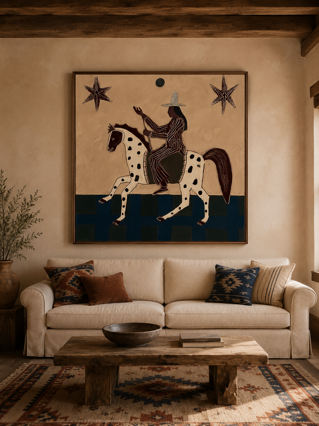 Vintage Magical Realism Folk Art Painting With Spotted Horse And Stars For Living Room Decor