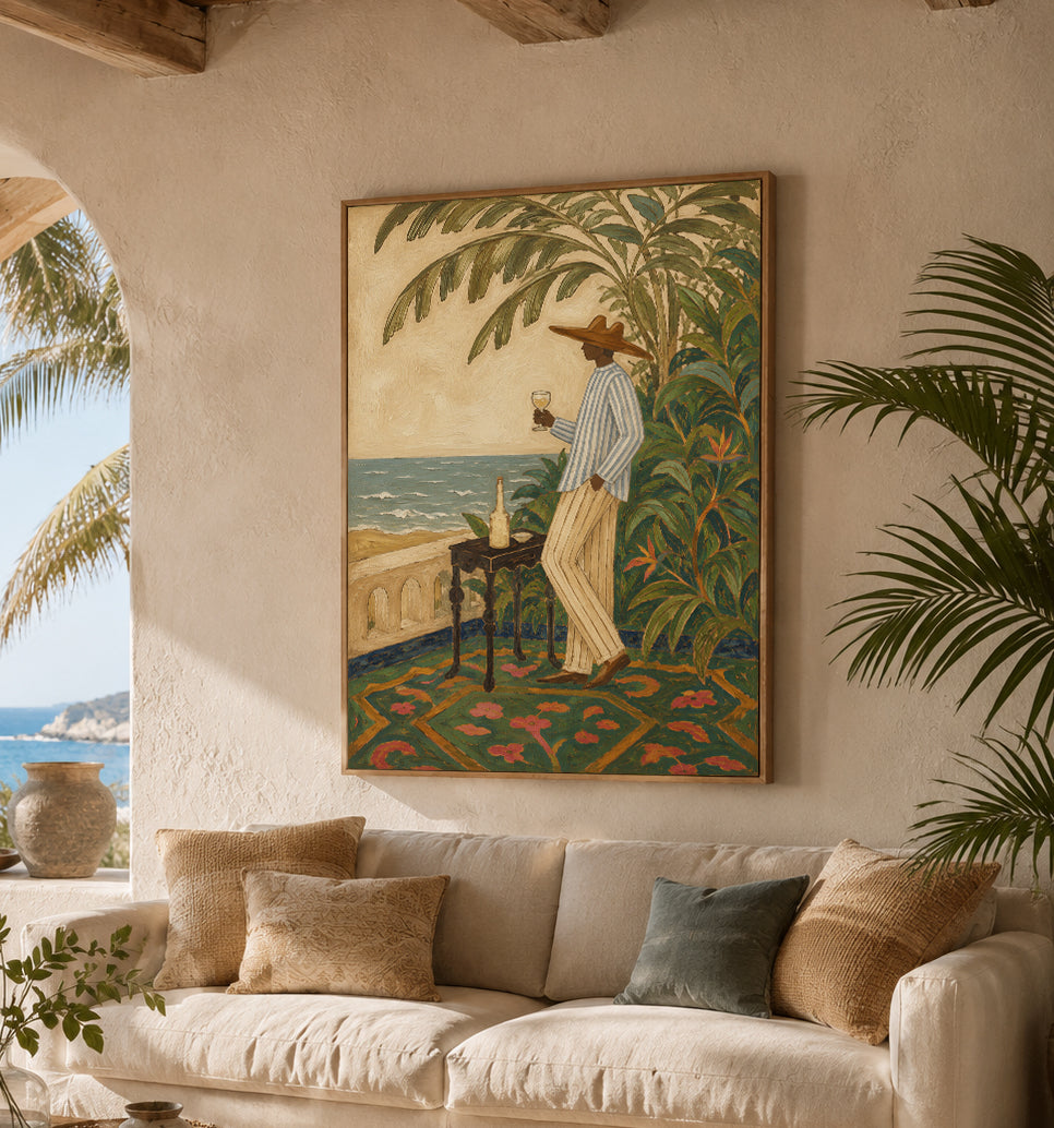 Mediterranean Wine Art Man By Sea Vintage Wall Decor For Dining Room Original Oil Painting On Linen Canvas