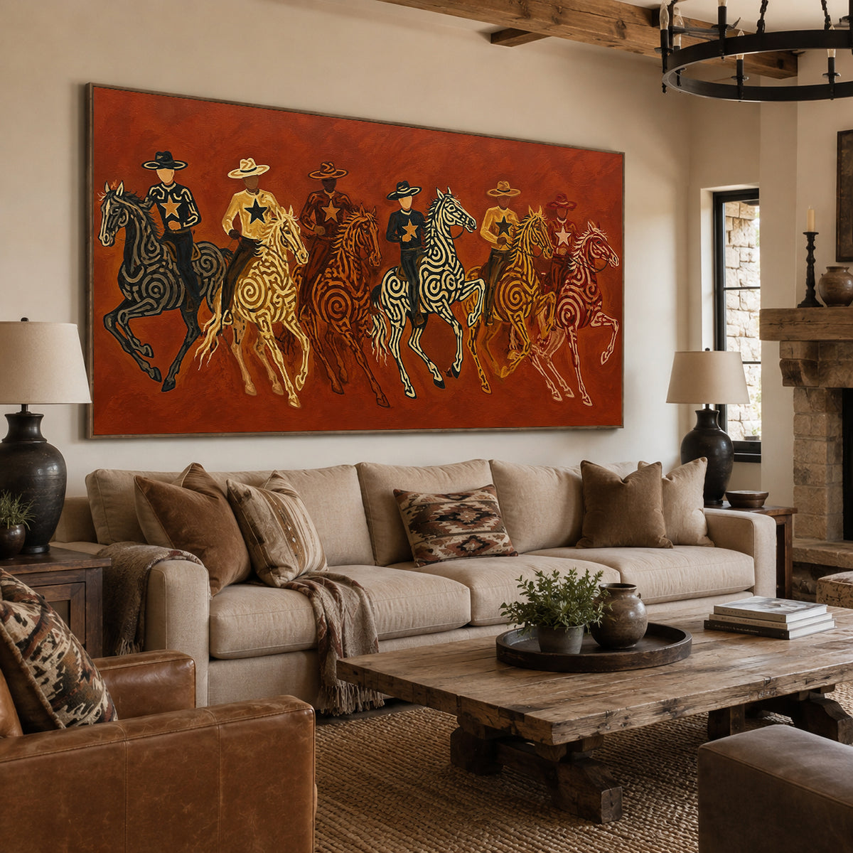 Panoramic Cowboy Horsemen Painting, Terracotta Western Riders, Rustic Ranch Wall Art