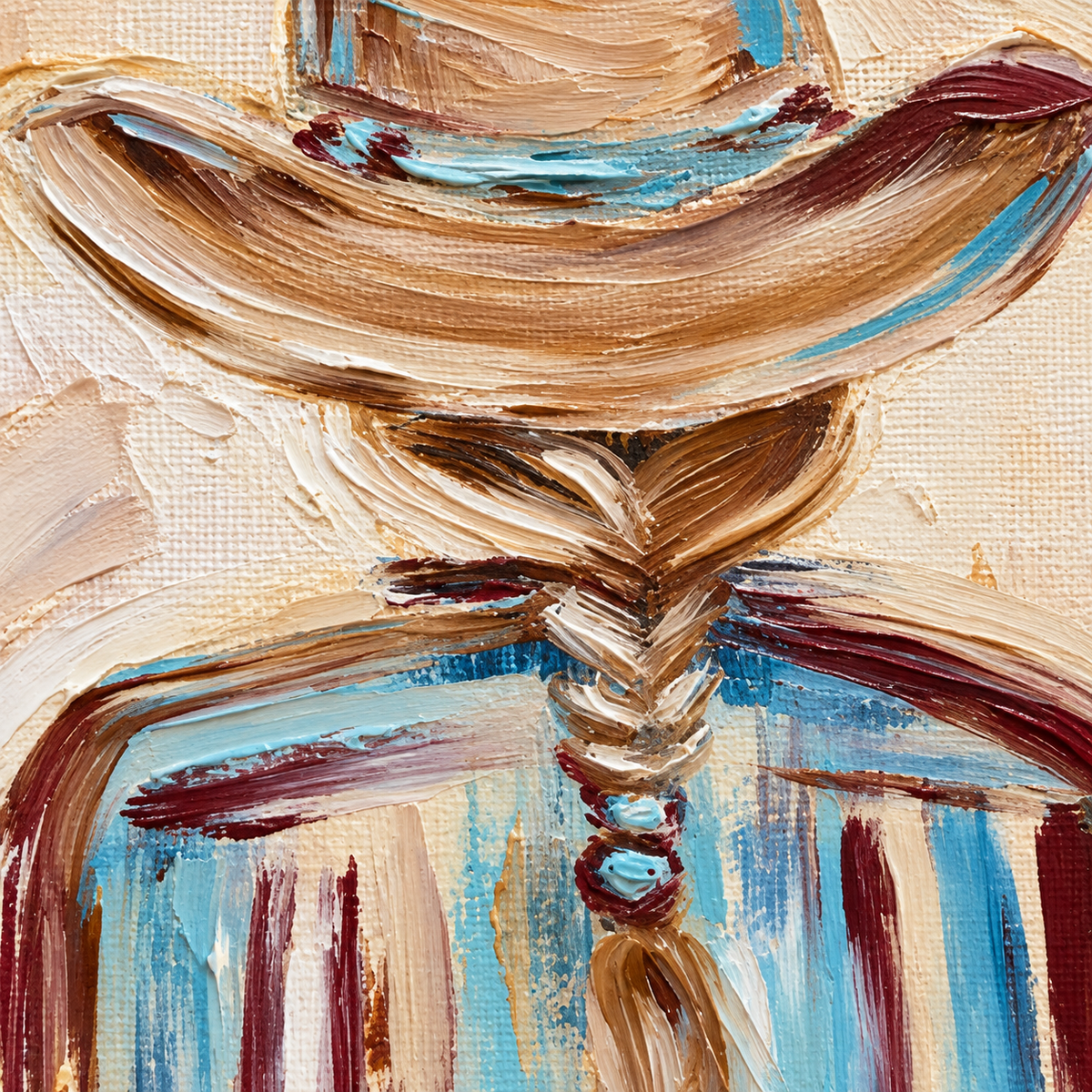 Cowgirl Back View Canvas Painting Hand-Painted Western Art In Beige And Blue