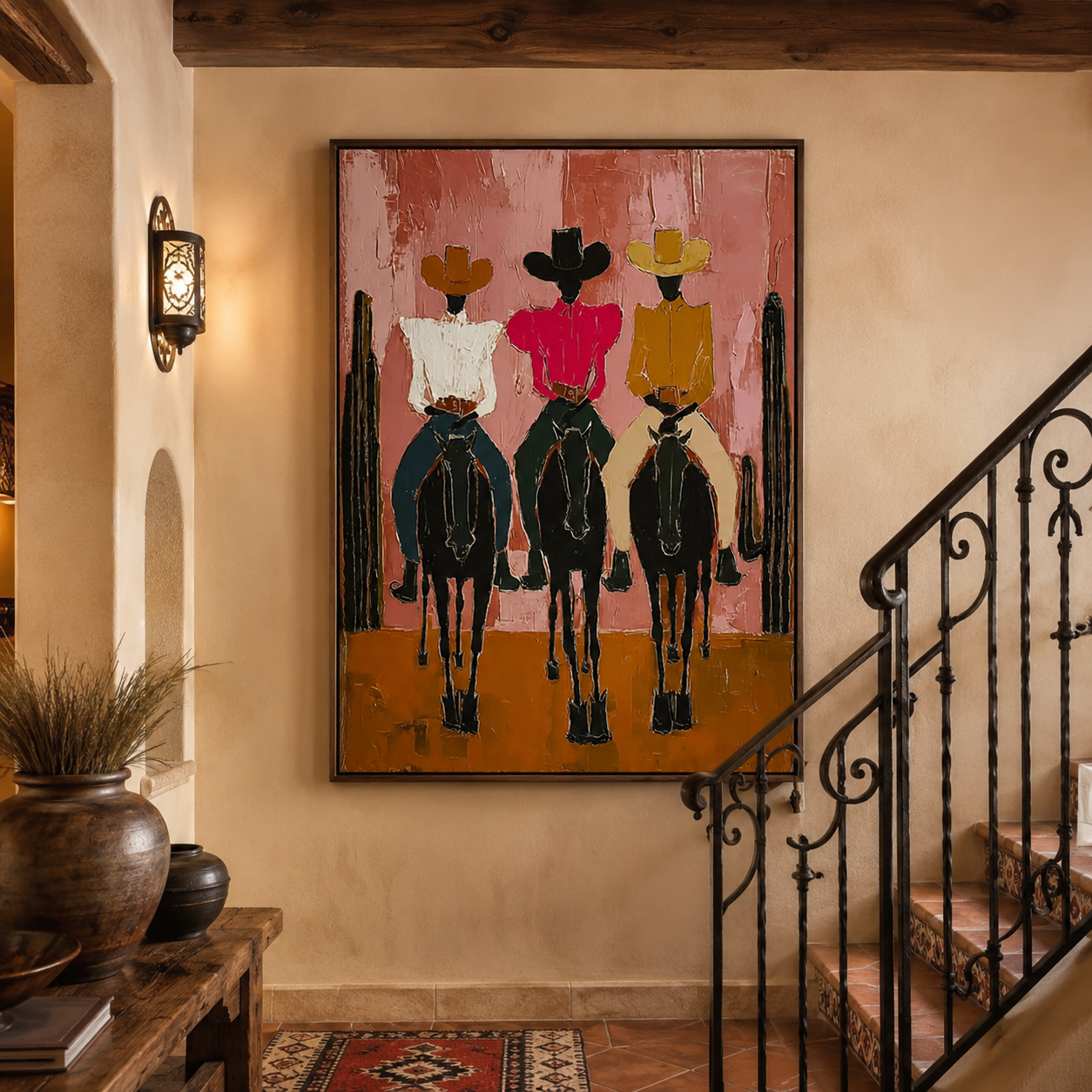 Modern Pink Desert Cowboy Painting With Cactus Canvas Art For Living Room Wall Decor