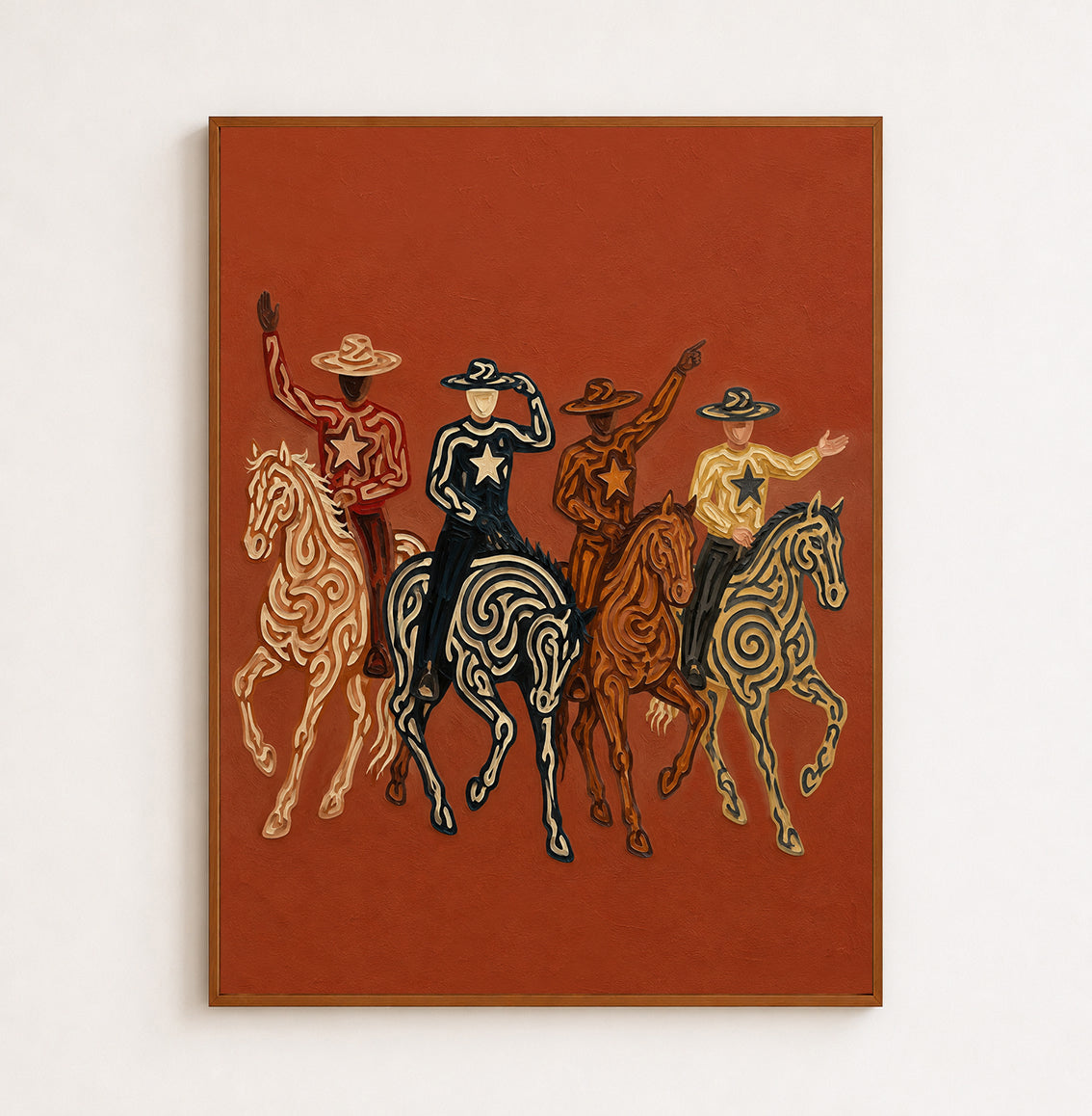 Four Cowboys Horse Painting, Colorful Western Riders, Terracotta Southwestern Wall Art