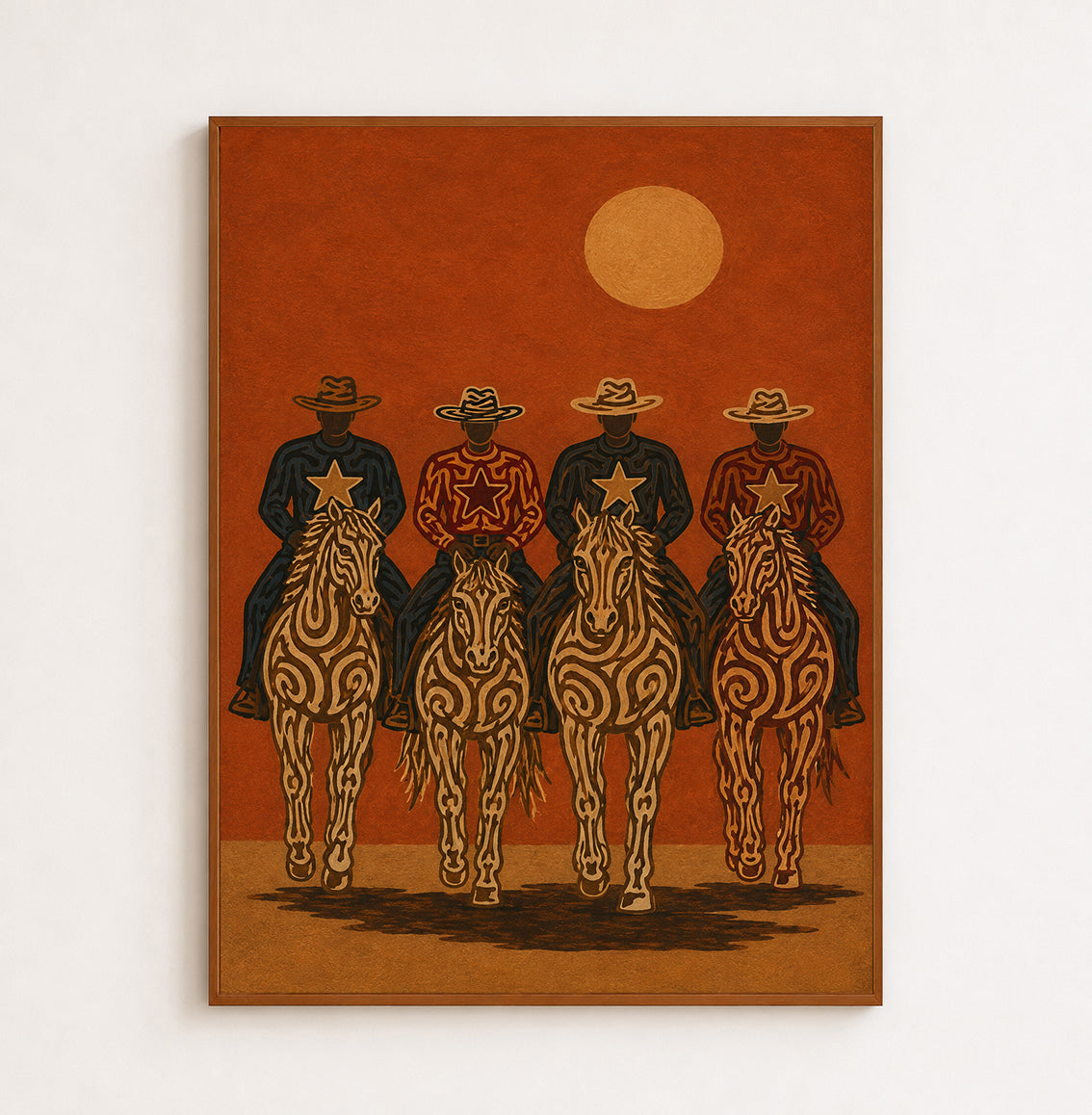 Cowboy Riders Oil Painting, Burnt Orange Western Wall Art, Rodeo Ranch Hand Painted Decor