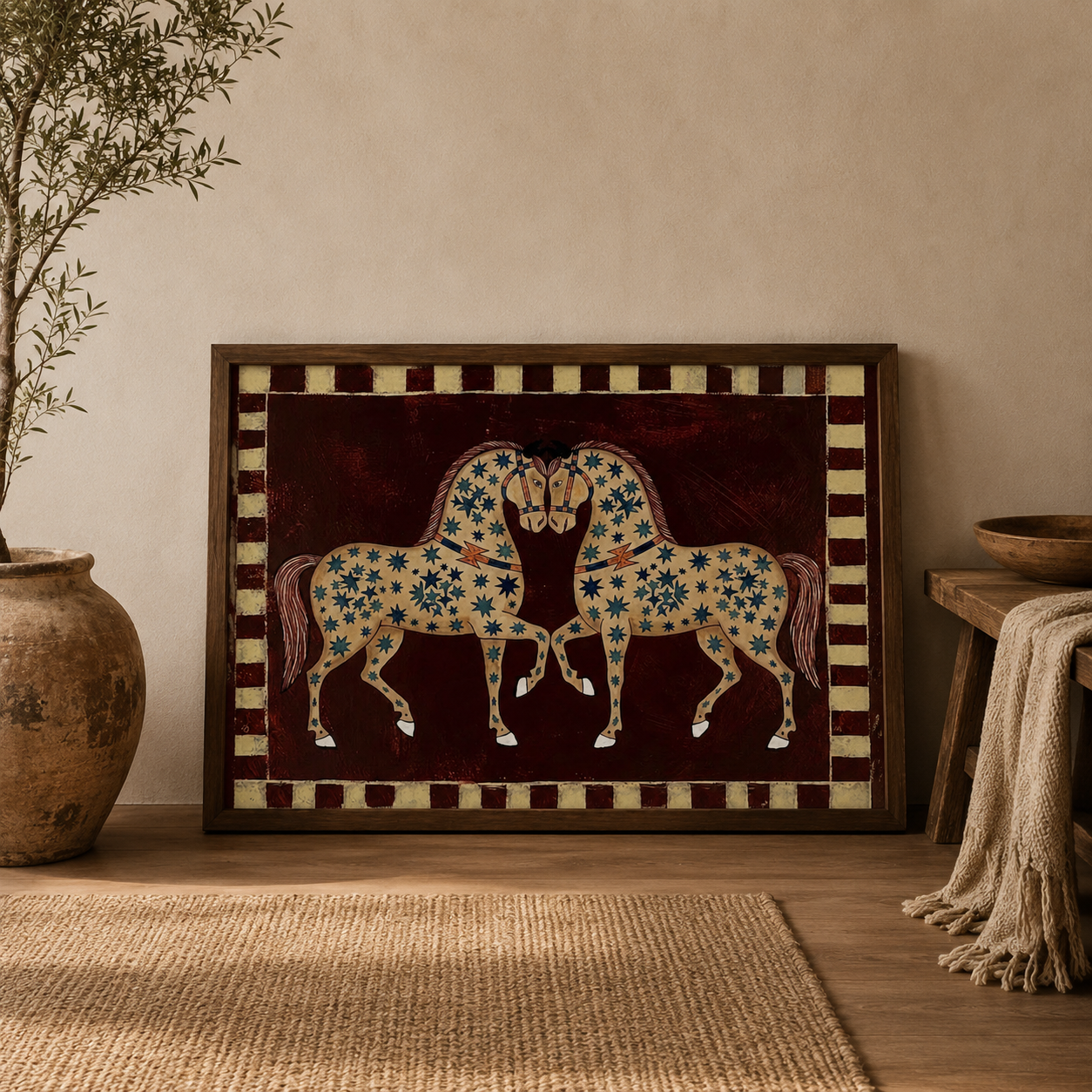 Medieval Folk Art Horse Painting With Stars On Brown Canvas For Classic Home Decor
