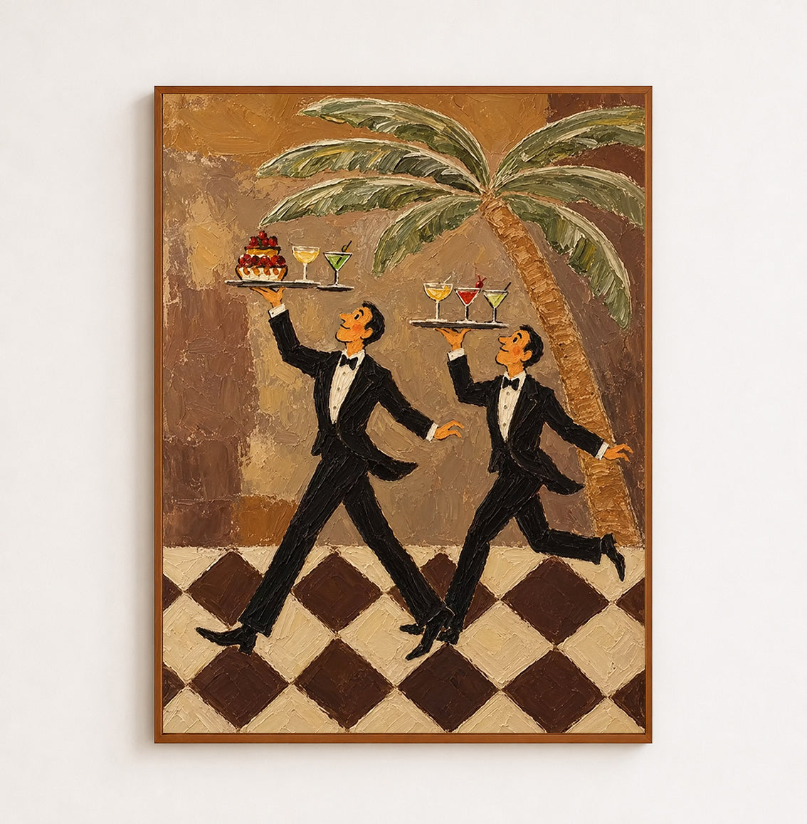 Tuxedo Waiter Canvas Art,Retro Bar Painting, Brown Checkered Floor Artwork