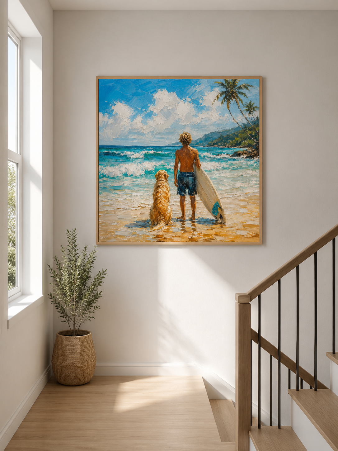 Surfer And Dog Beach Painting Textured Oil Art For Coastal Home Decor